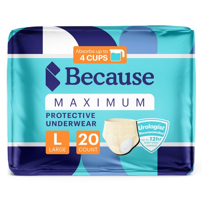 Because Discreet Maximum Adult Incontinence Postpartum Underwear for Women High Absorbency Disposable Absorbs Up to 4 Cups Beige Large 20